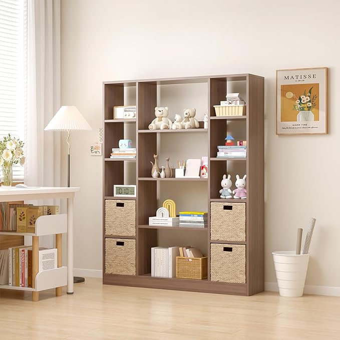 OSCHF Cube Storage Bookcase with Base - Large Wooden Bookshelf with 10 Open Cubes and 4 Shelves for Home and Office, Freestanding Organizer, Walnut