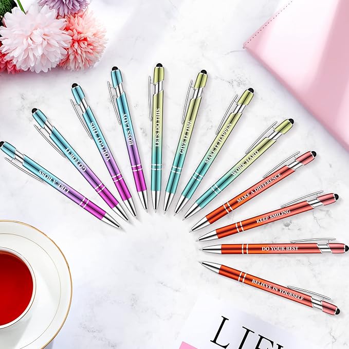 Zonon 12 Pcs Inspirational Pens Bulk Funny Ballpoint Pen with Stylus Tip Motivational Gifts for Valentine's Day Teacher Coworkers Nurse School Office Supplies(Plating Color,Motivational Style)