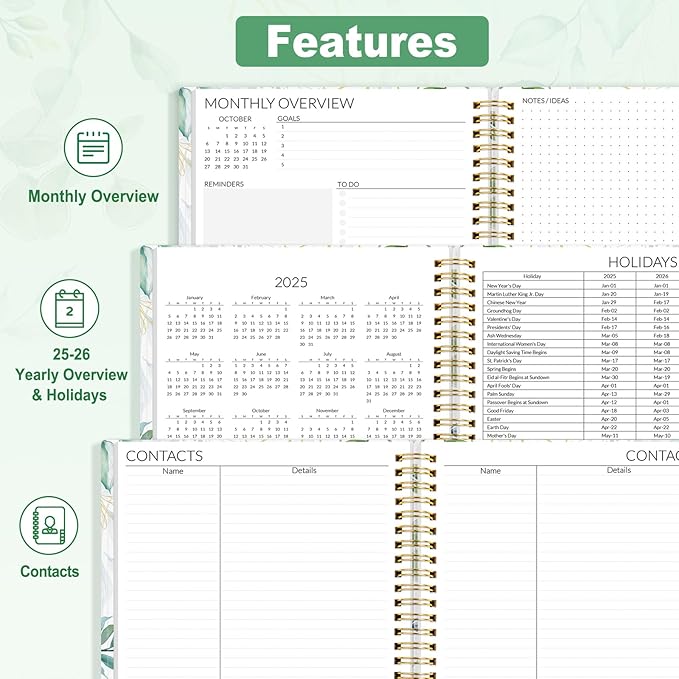 SUNEE 2026-2027 Planner - 24 Months (Jan 2026 - Dec 2027) - 7"x10" Monthly Spreads & Yearly Planner, Greenery