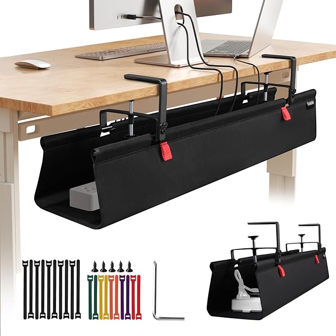 SUREUP9 No Drill Under Desk Cable Management Tray, 36" Cord Organizer with Clamp, Fabric Cable Management for Standing Desks, Ideal for Home & Office - Black
