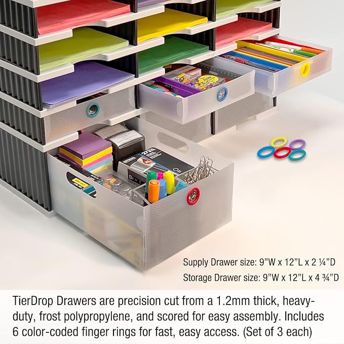 Desktop Organizer 6 Letter Tray Sorter Plus Riser Base, 3 Supply & 3 Storage Drawers - Ultimate Office TierDrop Plus Stores All of Your Documents and Supplies in One Compact Modular System