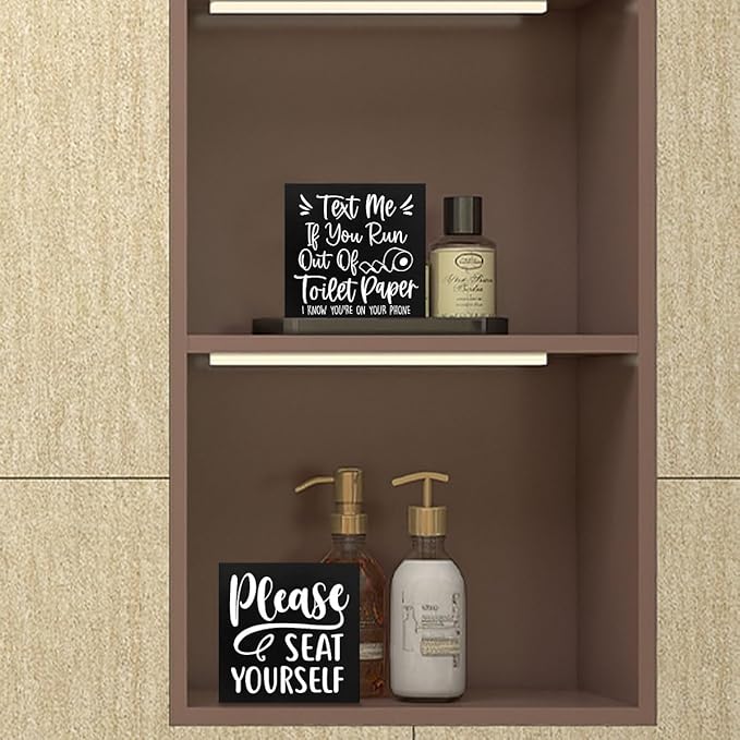 2 PCs Funny Bathroom Decor, Humor Bathroom Decorations Bathroom Accessories, Rustic Farmhouse Bathroom Black Wooden Box Sign, Toilet Restroom Washroom Home Shelf Desk Decor Wooden Block Plaques Signs