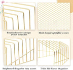 2 Pcs 7 Section Incline File Sorter Metal Wire Mesh File Rack for Desktop Letter Sorter for Magazine Folder Book Organizer Home Office School Paper Mail Desk Storage Holder (Golden)