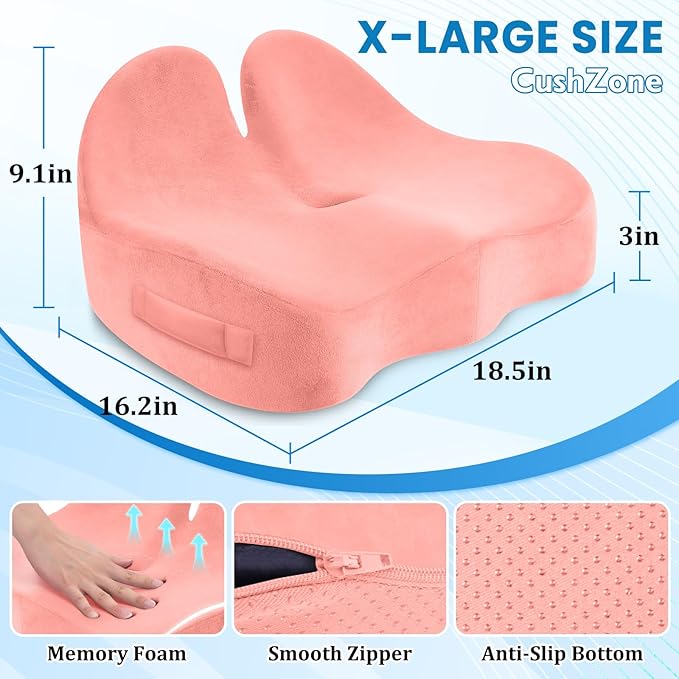 CushZone Seat Cushion, Memory Foam Office Chair Seat Cushion for Office Chairs/Car/Long Trip/Desk Chair/Gaming, X-Large Size for Sciatica & Hip & Tailbone Pain Relief, Sciatica Support (Pink)
