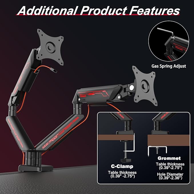 Fydeamer Dual Monitor Arm for 17-35" Screens up to 24.2 lbs, Ergonomic Gas Spring Monitor Stand with Height Adjust, Tilt, Swivel & Cable Management, VESA Desk Mount with 2 Types of Installation, Black