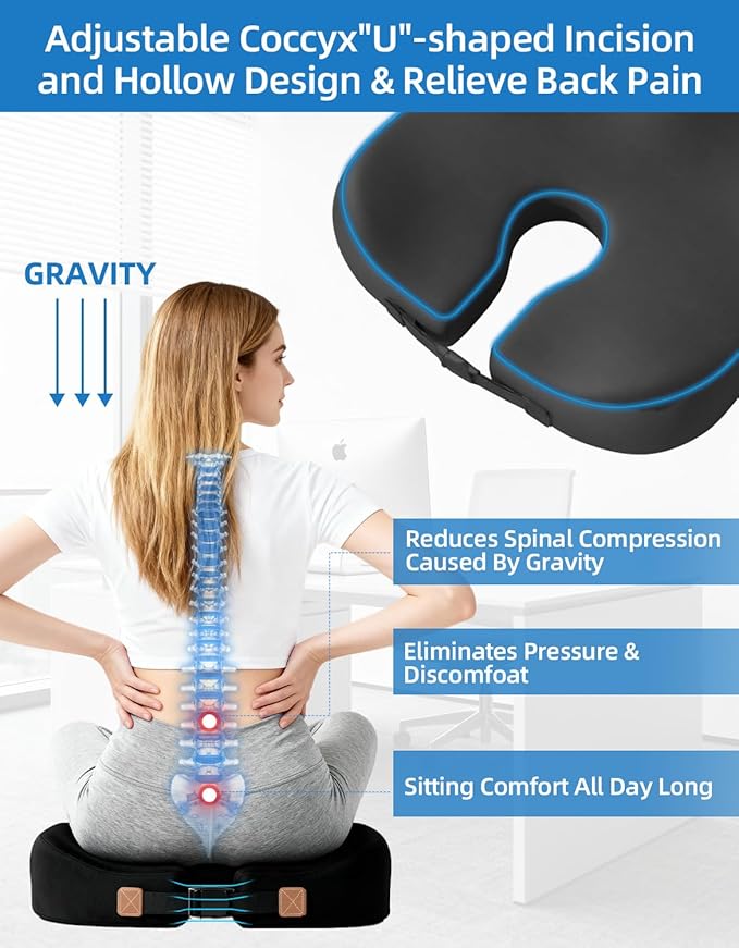 Extra-Dense Seat Cushion for tailbone pain relief ，Ergonomic seat cushions for office chairs，sciatica pain relief pillow , pressure relief Seat Cushion,office chair cushion，car seat cushion-Black