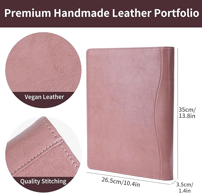 Geslun Vegan Leather 3 Ring Binder, 8.5 x 11 Letter Size Folio with Pen Holder, Soft Notebook Portfolio Cover, Slim Notepad Padfolio Thin File Organizer for Work Executive Meeting, Pink
