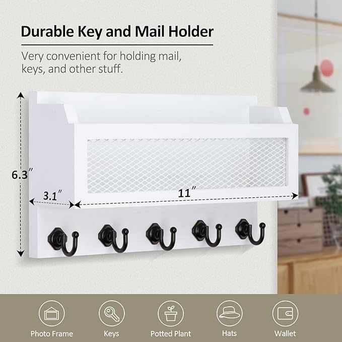 Nekon Mail and Key Holder for Wall Decorative, 11 Inch Wooden Wall Key Organizer with 5 Key Hooks, Wall Mount Storage Shelf for Entryway Hallway (White)