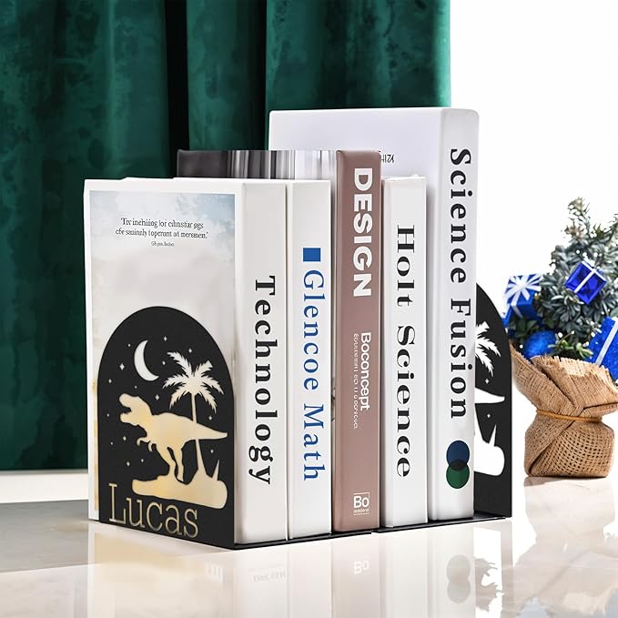 Personalized Name Book Ends Metal, Heavy Duty Bookends for Shelves Decorative, Dinosaur Non-Slip Book Stopper, Home Office Desk Modern Bookshelf Decor, Customized Gifts Color07