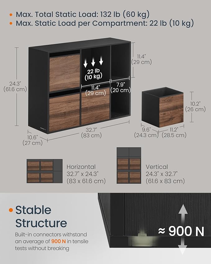 SONGMICS Home Bookshelf, Superfast Toolless Assembly, Cube Storage Organizer with 6 Compartments, Set of 2 Bookcase, 4 Fabric Drawers, Natural Walnut and Ebony Black UZH2507020