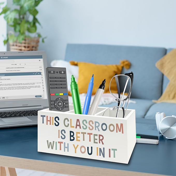 QZQE Boho Classroom Pen Pencil Holder Organizer for Desk, This Classroom Is Better With You in It Wooden Box Signs Decorations for Home Office Desk Tabletop, Back to School Supplies