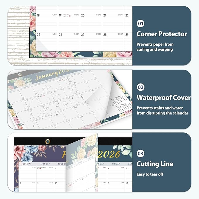 Desk Calendar 2026, Monthly Desktop Large Calendar (Jan 2026 - Jun 2027) 17" x 12" Desk Wall Planner for Family Teacher School Office Supplies, Vintage Floral