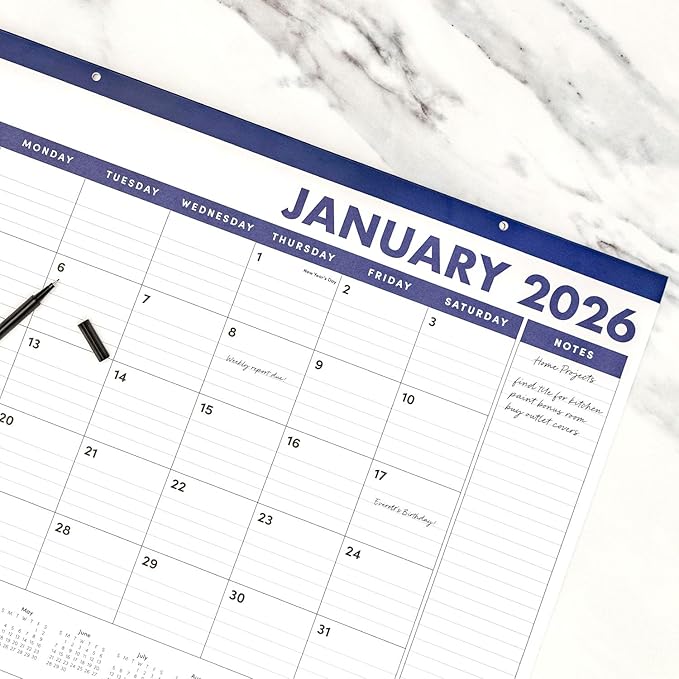 PAPERAGE 2026 Calendar, 12 Months (January 2026 - December 2026), Large (17 in x 22 in), Minimalist Wall and Desk Calendar with Monthly Views, Yearly Plans & Notes Section – Navy
