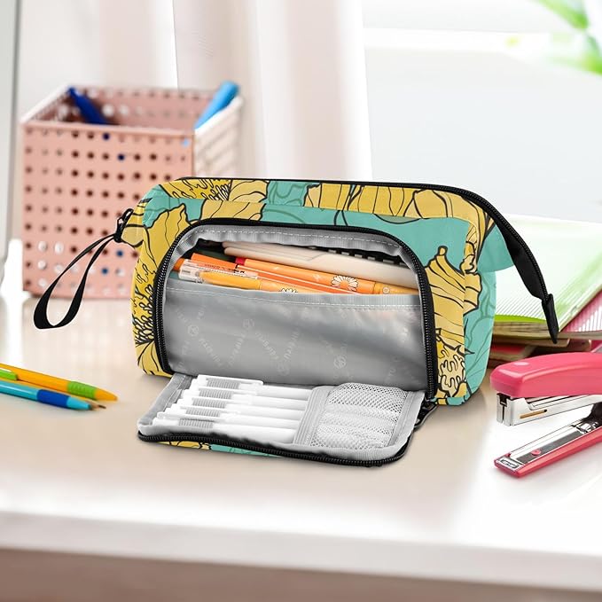 Bolaz Big Capacity Pencil Pen Case Pouch Bag School College Office Organizer for Teens Girls Adults Student-Yellow Flower Pattern