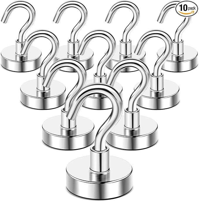 DIYMAG Magnetic Hooks, 50 LB Heavy Duty Magnet with Hook, 10 Packs Strong Rare Earth Neodymium Magnets for Hanging, Magnetics Hanger for Curtain, Home, Kitchen, Workplace