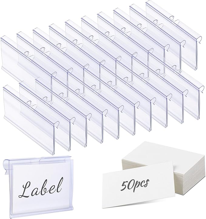Meetory 50 PCS Clear Plastic Label Holders for Wire Shelf Retail Price Label, Basket Bin Labels Clip On, Labels for Storage Bins, Merchandise Sign Display Holder for Supermarket,Label Papers Included