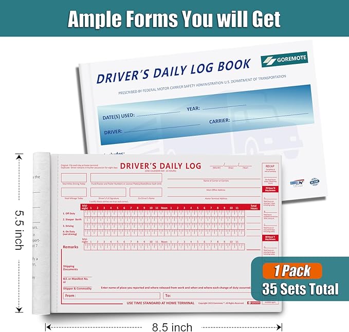 Daily Log Books for Truck Drivers with 7 & 8 Day Recap, 1 Pack 35 Sets of Forms, 2-Ply Carbonless, 8.5" x 5.5" Paper Logs for Truckers, Meet FMCSA Requirements