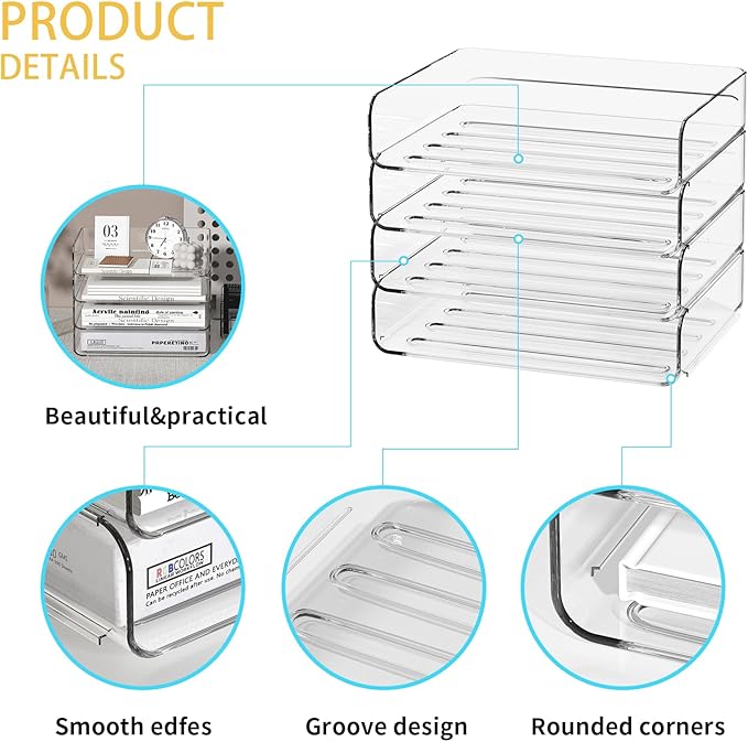 FANXIYQ 4-Tier Acrylic Paper Tray Organizer - Low-Profile Desk File Sorter for Office/Home, Clear Stackable Letter Tray for Bills, Crafts, Notebooks
