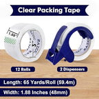 RAZCC Packing Tape, 12 Rolls Clear Heavy Duty Packaging Tape with Dispensers for Packing, Shipping, Moving and Mailing, Thicker Sealing Tape-1.88" x 65 Yards Per Roll, 780 Total Yards