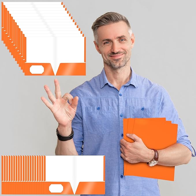 Jutom 50 Pcs 2 Pocket Glossy Paper Folders Glossy Paper Laminated Portfolios, Letter Size, Presentation Folders with Pockets for Office Teacher Worker Supplies (Orange)