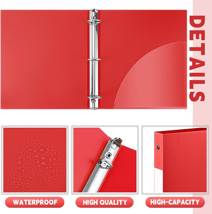 Henoyso 48 Pcs 3 Ring Binder 0.5 Inch Round Fits Letter Size 8.5'' x 11'' Paper Plastic Flexible Binder Bulk Holds 140 Sheets with 1 Pockets Versatile Organizer for Home Office School (Red)