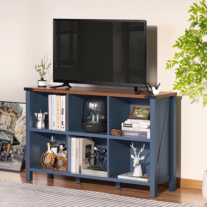 Joaxswe 6 Cube Bookcase, Farmhouse Wood Low Storage Organizer Book Shelf, 47" Horizontal Navy Blue Console Bookshelf with Legs, Hallway Book Case for Entryway, Display Cabinet for Living Room, Office