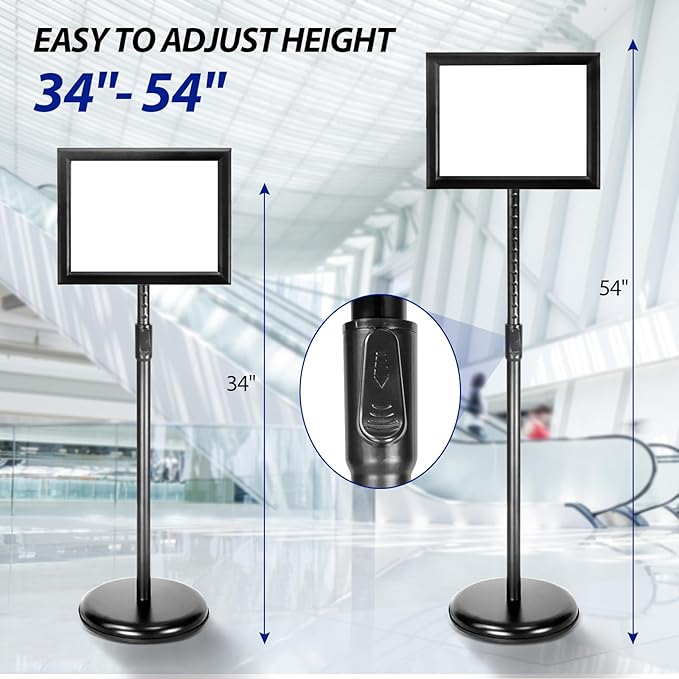 SENZHIYI Adjustable Poster Stand Holder 11x17 Inch, 360 Degree Rotation, Heavy Duty Snap Open Aluminum Pedestal Floor Standing Sign Holder Vertical and Horizontal View Sign Displayed (2PACK)