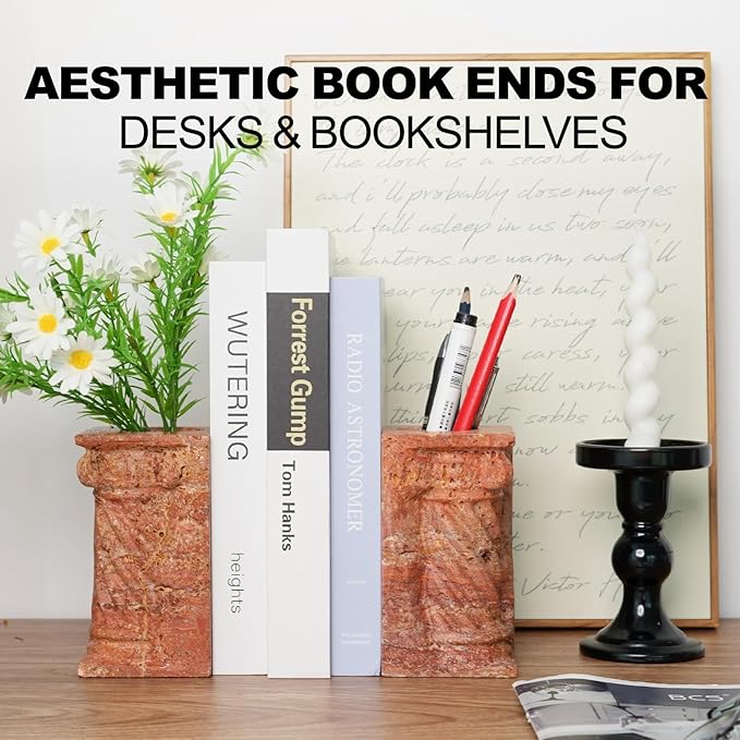 Decorative Roman Column Book Ends & Vase - Heavy Duty Marble Book Ends for Heavy Books, Vintage Home Office Decor, Dual Use as Flower Vase, Natural Stone Bookends for Shelves (2PC, Red)