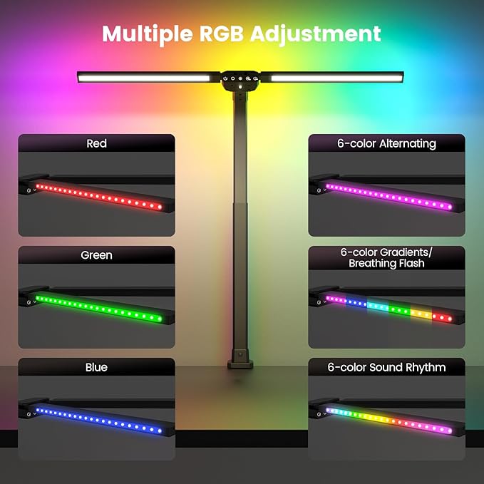 SIBRILLE Upgraded LED Desk Lamp for Home Office with RGB, Rotatable Computer Desk Light with Remote, Tall Table Lamp with Clamp for Working, Dimmable Dual Head Task Lighting for Monitor PC, 22W