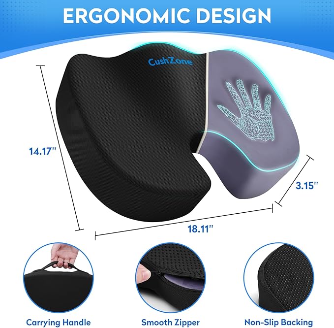 CushZone Seat Cushion, Memory Foam Cushion for Office Chair, Car Seat, Airplane, Chair Pad for Postpartum Pregnancy, Sciatica Tailbone Back Pain Relief for Long Sitting Workers, Car Drivers, Black