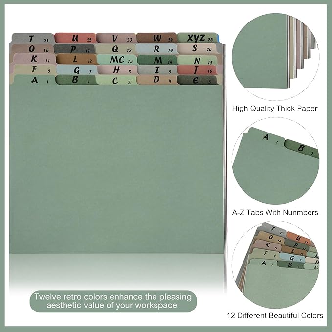 Noveread 1 Set 25 Alphabet File Dividers A-Z Top Tab Letter Size 1/5 Cut Tab Positions Alphabetical Number File Folder Organizer Guides Cabinet and Desk Dividers for School Office Home(Morandi)