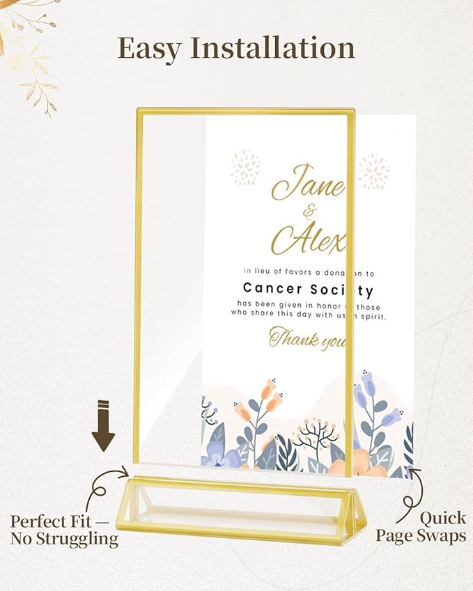 Dynta Acrylic Sign Holder 5x7in Double-Sided Display Stand with Gold Frame Clear Table Sign Holders for Wedding Party Restaurants Home Office(8 Pack)