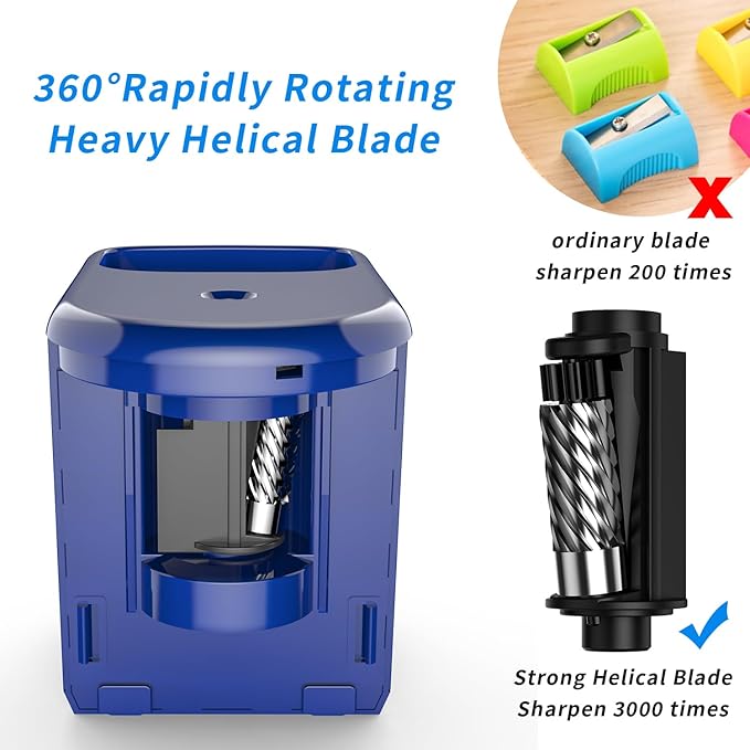 Electric Pencil Sharpener Heavy-Duty Helical Blade Sharpener with Adapter/Battery Operated for No.2/ (6-8mm) Pencils with Auto Stop & Cleaning Brush in School/Classroom/Office (Blue)