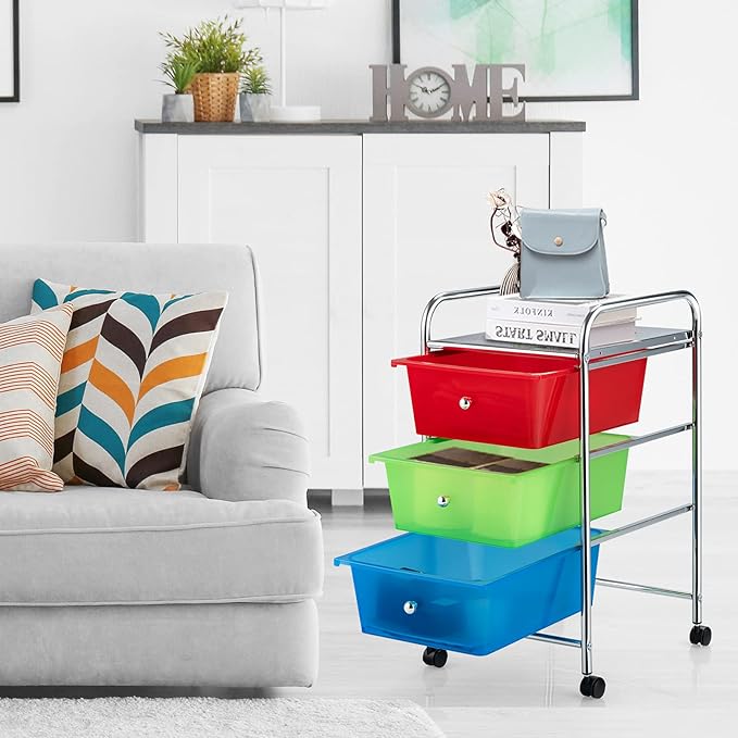 Giantex Rolling Cart with Drawers, Craft Organizer with Wheels, 3 Drawer Storage Container Bins for Back to School Office Scrapbook Paper Tools Multicolor