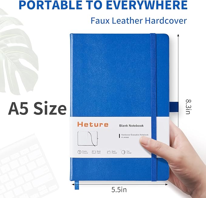 Heture Hardcover Notebooks, A5 Blank Journals Notebook for Writing 160 Pages, 8.2 x 5.5 inch, Classic Blank Notebooks for College/Work/Travel(Blue 3 Pack)