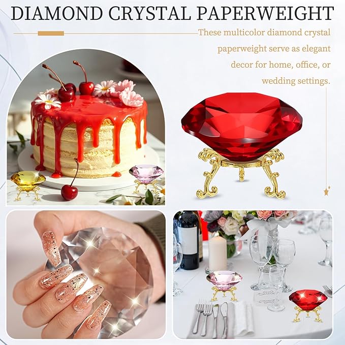 PATIKIL Diamond Crystal Paperweight, 100mm / 3.94" Crystal Paperweight Paper Weight with Gold 25 Metal Base for Home Office Desktop Table Decor Wedding Party Ornaments, Red