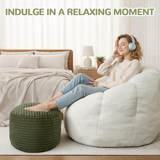 MeMoreCool Stuffed Round Pouf Ottoman Foot Rest, Soft Plush Floor Pouf Foot Stool, Corduray Footstool Footrest, Small Round Ottoman for Living Room Couch Sofa Chair, 20x15 Inch Green