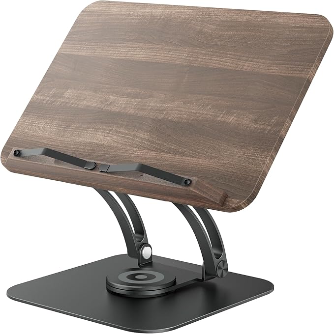 Tounee Book Stand for Reading, Adjustable Book Holder with 360° Swivel Base, Foldable Cookbook Stand Recipe Book Holder with Elastic Page Clips for Music Scores, Recipe, Tablet, Laptop-Black