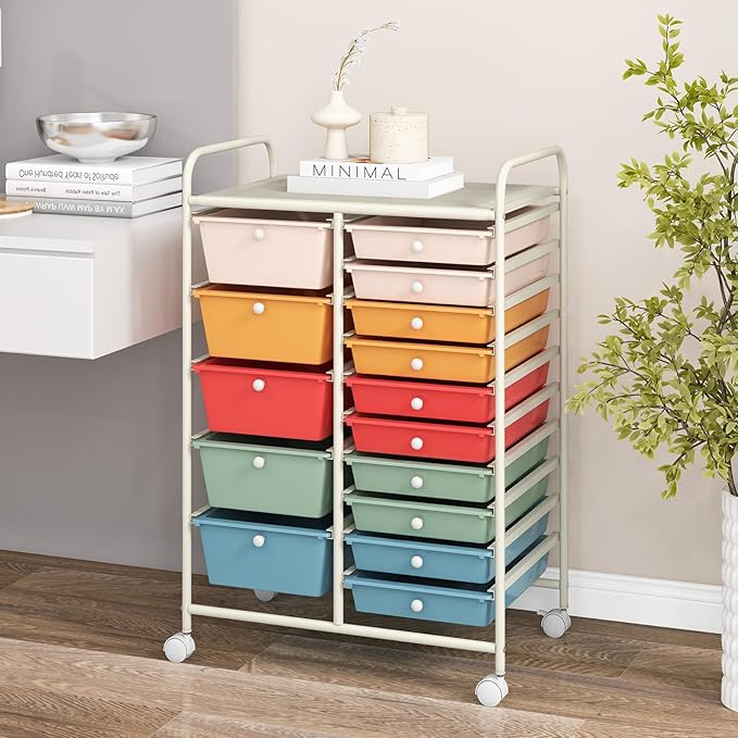 COSTWAY 15 Drawers Storage Cart, Multipurpose Rolling Utility Cart on Wheels w/Lockable Wheels & Removable Drawers, Mobile Tools Scrapbook Paper Organizer Cart for Office School Home, Macaron