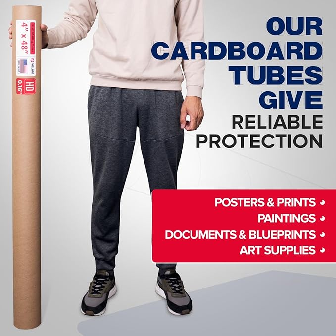 Paclord 4" x 48" Heavy-Duty Reinforced Cardboard Mailing Tube, Pack of 6 Tubes with 12 Caps – Secure USPS Approved – Great for Shipping and Storing of Prints, Artwork, Posters or Documents