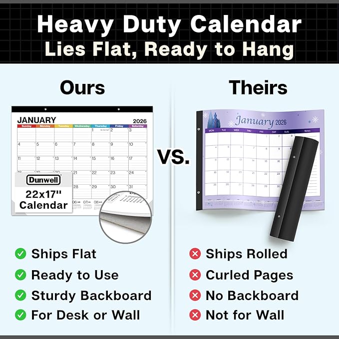 Dunwell 2026 Desk Calendar 22x17, Large Monthly Desk Blotter or Hanging Wall Calendar, Colorful Design, Jan–Dec 2026, Lined Daily Blocks, Easy to Read