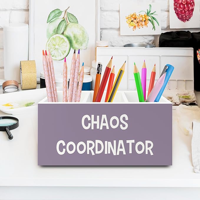 XPH Chaos Coordinator Purple Pen Pencil Holder Organizer for Desk, Thank You Gifts for Women Men Coworkers Boss Leader Manager, Appreciation Gifts Wooden Box Sign for Office Tabletop Decorations