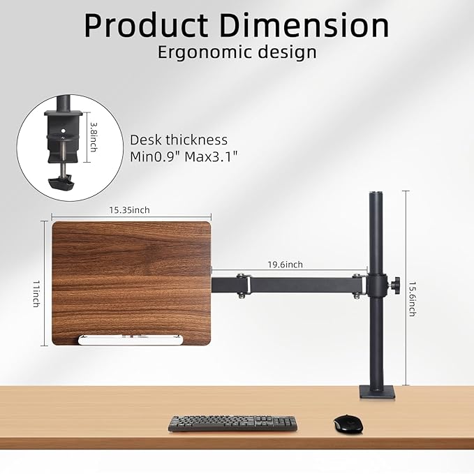 Adjustable Book Stand with Desk Clamp Mount, Wooden Reading Holder with Metal Arm, Black