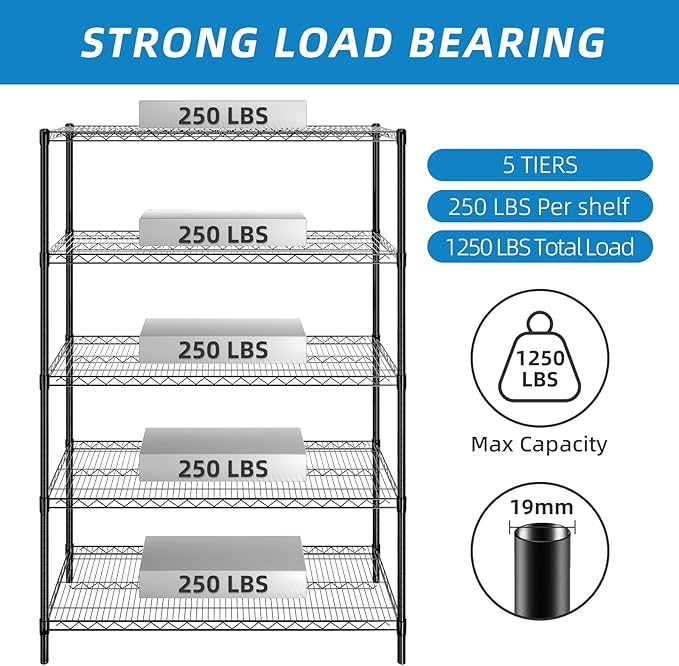 Guan River 5-Shelf Adjustable Metal Shelf Wire Shelving Unit Heavy Duty Storage Rack Display Shelf for Office,Kitchen,Bedroom,Bathroom,Laundry,Pantry Basement,Garage(Black,48" L x 18" W x 72" H)