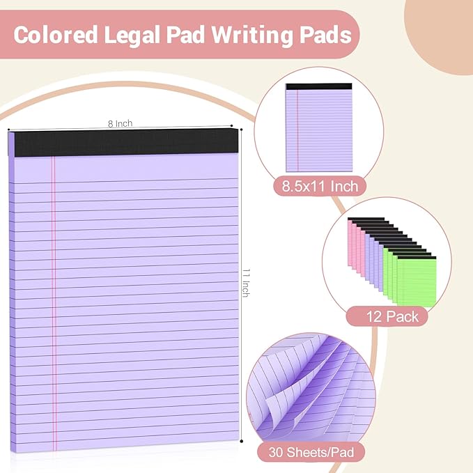 Roneky Legal Pads 8.5 x 11 Colored Notepad, 12 Pack Wide Ruled Lined Paper, Micro Perforated Writing Pads, 30 Sheet/Note Pads, Pink Legal Pad 8.5 x 11 Notebook Paper Tablet for School