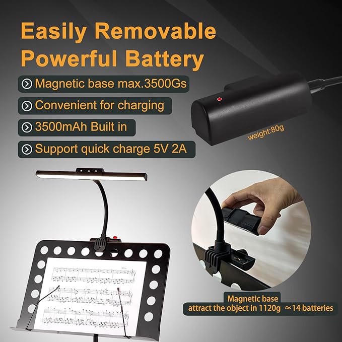 AETEE Super Bright Music Stand Light, LED Clip On Light,Magnetic Base, Removable Rechargeable Battery Operated, Long-Lasting USB-C Eye-Care Clamp Lamp, Gooseneck Design for Sheet Music, Black