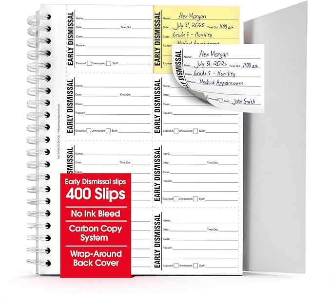The Spoiled Office Early Dismissal Slip Book with Carbonless Duplicates 400 Pcs- 2 3/4"x3 3/4"- Easy Tracking Log Book for School Carbon Copy, School Supplies, Office Supplies for Desk, Spiral Bound