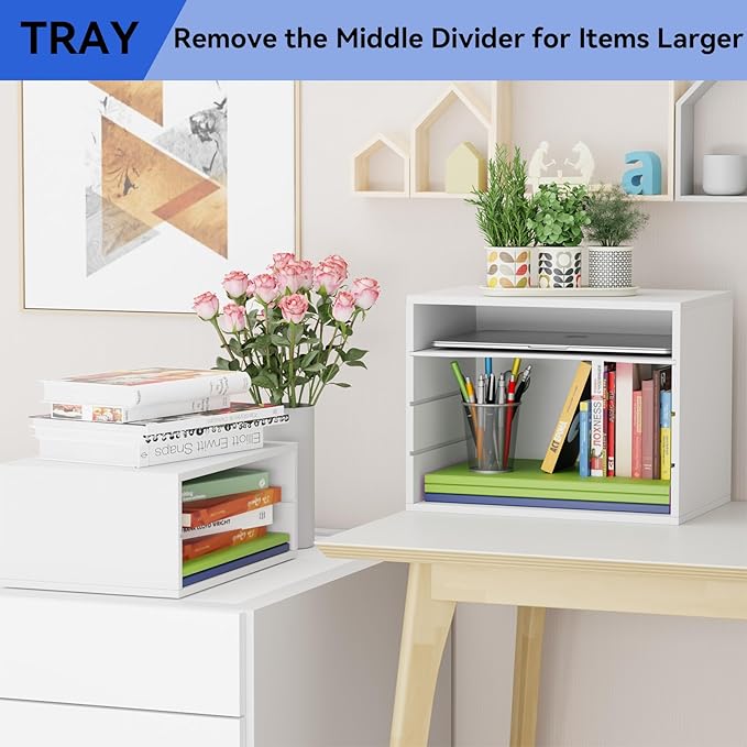 GDINDINFAN Wood Desktop Letter Tray File Organizer, Paper Storage Mail Sorter with 3 Adjustable Drawer Boards for Home and Office, White