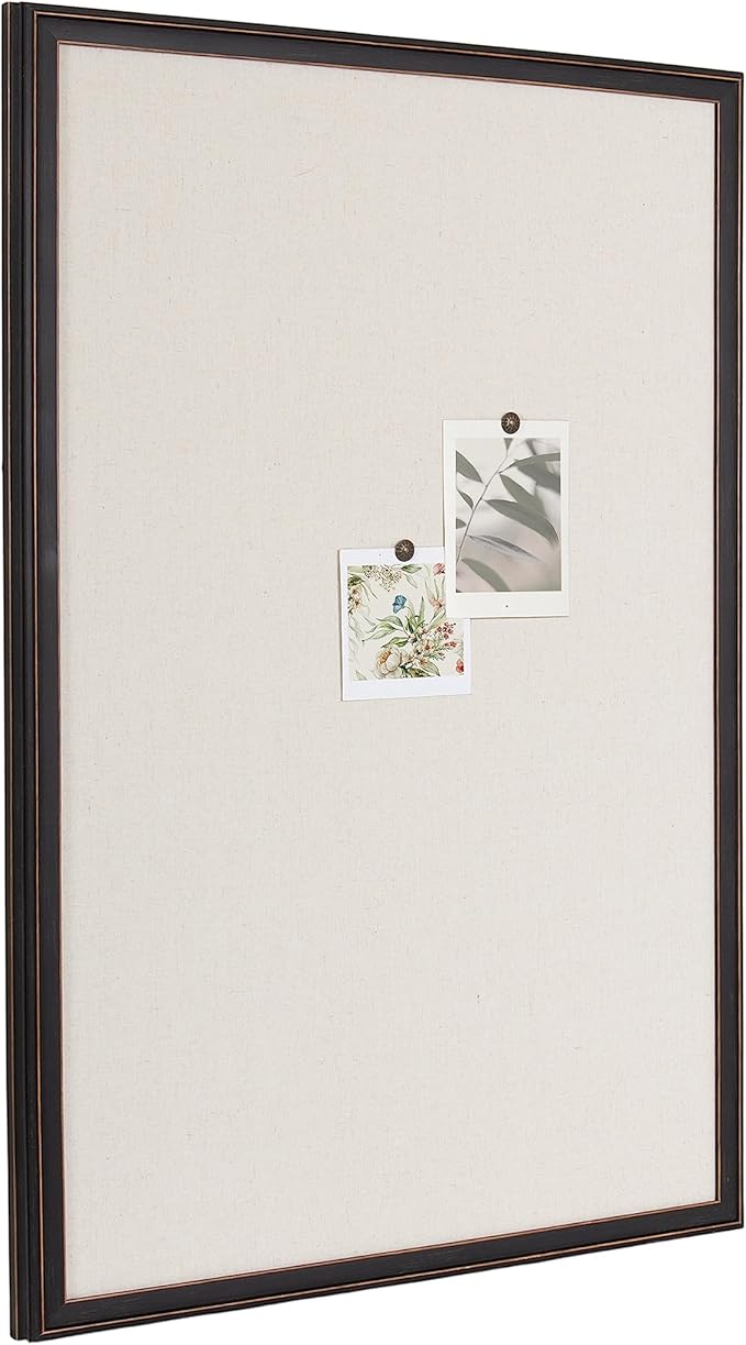 Kate and Laurel Oakhurst Rectangle Framed Linen Fabric Pinboard; 24 x 36; Distressed Black; Traditional Decorative Bulletin Board with Stepped Profile and Lightly Distressed Finish