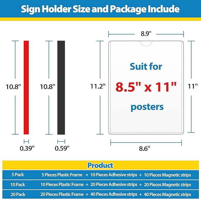 Magnetic Sign Holder 8.5 x 11 Wall Sign Holder 5Pack, Rigid Plastic Door Sign Holder Magnetic Frame with Magnetic Tapes and Adhesive Tapes, Adhesive Display Frame for Fridge Window Wall Display